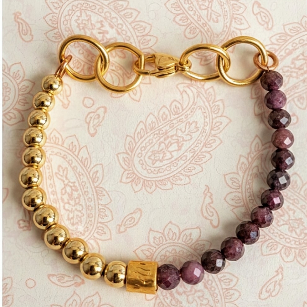Natural Red & Pink Ruby & Gold Beads In Assymetrical Beaded Bracelet